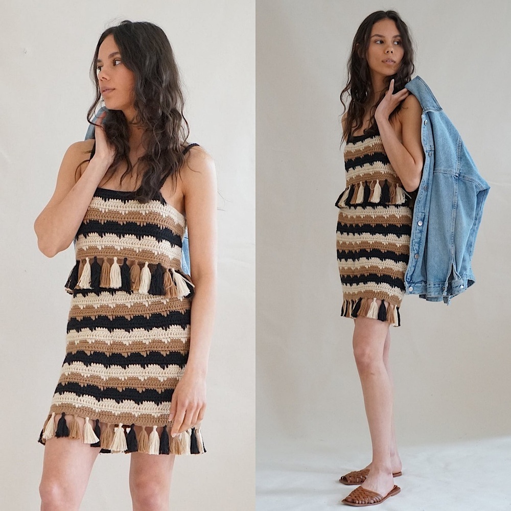 NEW PROCHE Hand Knit Baby Alpaca Scallop Stripe Fringe Trim Cami & Mini Skirt XS